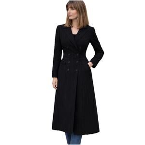 Vintage Linda Allard Ellen Tracy Black Pinstripe Long 51” Trench Coat Sz 8